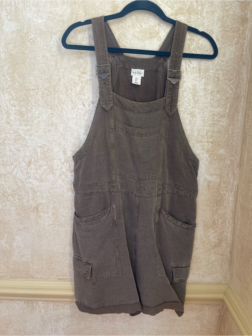Nicole Miller Linen Blend Utility Cargo Overalls Brown Size L Relaxed Summer Fit - Picture 2 of 13